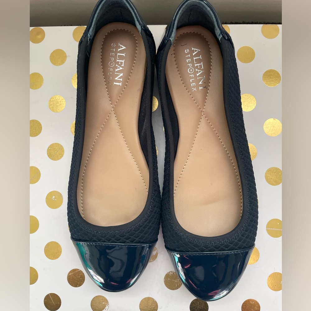 Alfani Womens Tavii Navy Blue Faux Leather Toe Cap Slip On Ballet Flats Shoes